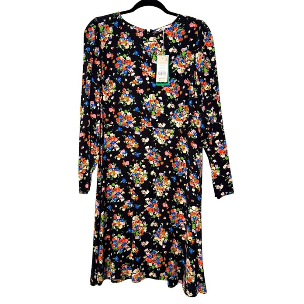 Boden Midi Dress Black Floral Long Sleeve Swiss Dot Viscose Womens 12R NWT